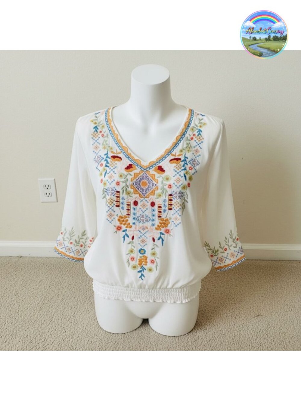 Women's Embroidered Tunic Top 3/4 Sleeve Mexican Peasant Blouse V-Neck